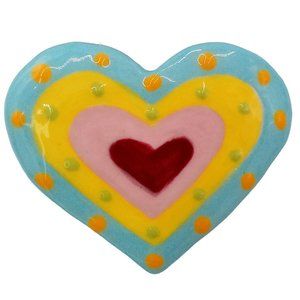 Turquoise Heart Brooch Pendant Ceramic Art OOAK Artist Signed Red Yellow